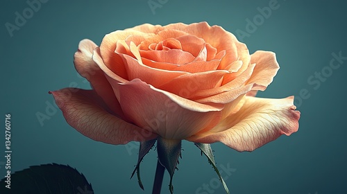 A peach rose blooms on light green, representing love, Valentine's, and spring