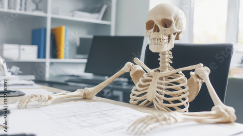 skeleton sitting at desk, waiting for annual review in office setting. scene captures humorous take on passage of time and anticipation of feedback
