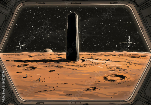 A surreal alien landscape featuring monolithic structures, ideal for sci-fi themes in design projects.