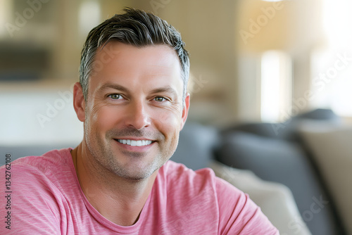 Portrait of a smiling man looking at the camera while sitting on a sofa in a living room. This close-up headshot portrait has a copy space area for your advertising text message or logo design.