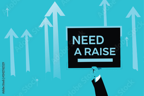 A despondent job seeker, dressed in worn clothing, holds a hand-painted sign reading "Need a Rai" (presumably short for 'job' or 'rain'), highlighting unemployment and economic hardship.