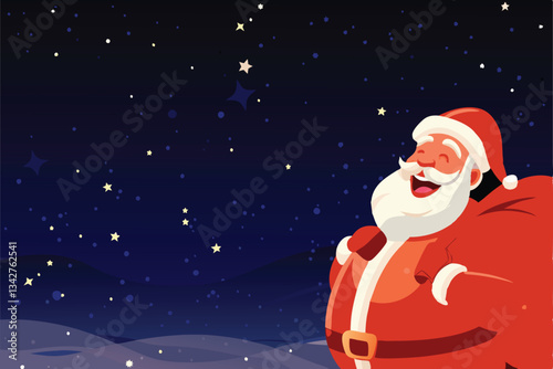 A jolly, cartoon Santa Claus with rosy cheeks, laughing heartily, holding a large sack overflowing with gifts.  He wears a traditional red suit.