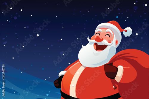 A jolly, cartoon Santa Claus with rosy cheeks, laughing heartily, clutching a large sack overflowing with gifts.  He's depicted in a whimsical, festive style.