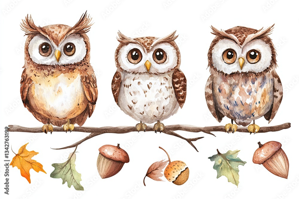 Naklejka premium Set of watercolor cute woodland owls and acorns hand drawn on white background