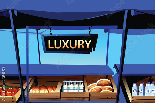A bustling market stall overflowing with exquisitely displayed luxury goods, each item clearly marked with elegant, high-price tags.