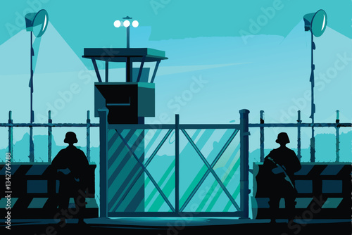 A stark image depicting a military checkpoint armed guards, a metal gate, and security barriers.  Illustrate heightened tension and strict security measures.