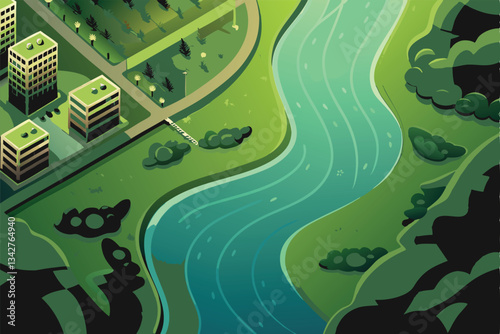 Create an isometric vector illustration of a futuristic smart city, showcasing interconnected buildings, autonomous vehicles, and green spaces.  Focus on clean lines and vibrant colors.