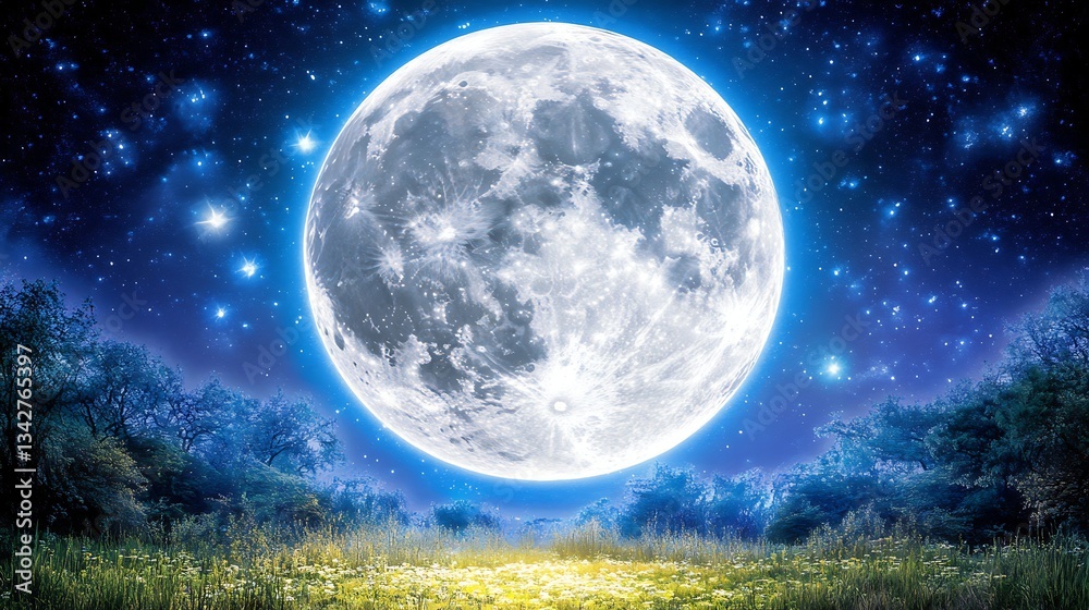 Fototapeta premium Full moon shines over grassy meadow at night