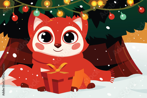 Create a charming illustration of an adorable cartoon fox, wearing a vibrant red scarf, sitting peacefully.  Focus on soft, inviting colors and a friendly expression.