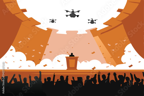 AI drones disrupt a political convention, dropping leaflets; chaos ensues amidst panicked delegates and security personnel.