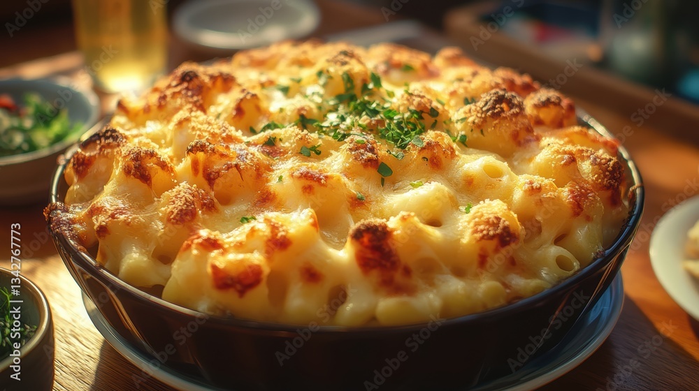 A golden, cheesy masterpiece: mac and cheese, baked until its surface was bubbly and its interior creamy perfection. A golden, cheesy masterpiece: mac and cheese, baked until its surface was bubbly and its interior creamy perfection.