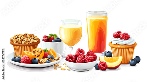 A colorful breakfast spread with fruit juice, yogurt, granola, and a muffin on the side
