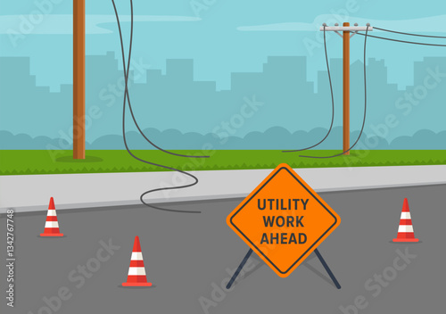 Traffic regulation and driving rules. Downed power line scene. "Utility work ahead" sign area. Accident zone is closed. Flat vector illustration template.