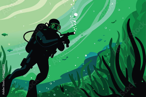 A highly detailed image of a Navy SEAL diver underwater, showcasing their tactical gear and equipment during a covert operation.  Focus on realism and sharp detail.