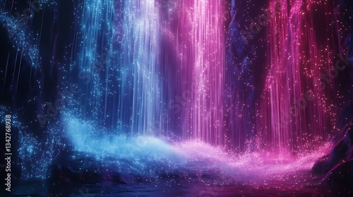 Abstract Waterfall with Glowing Blue and Pink Light Streams Effect