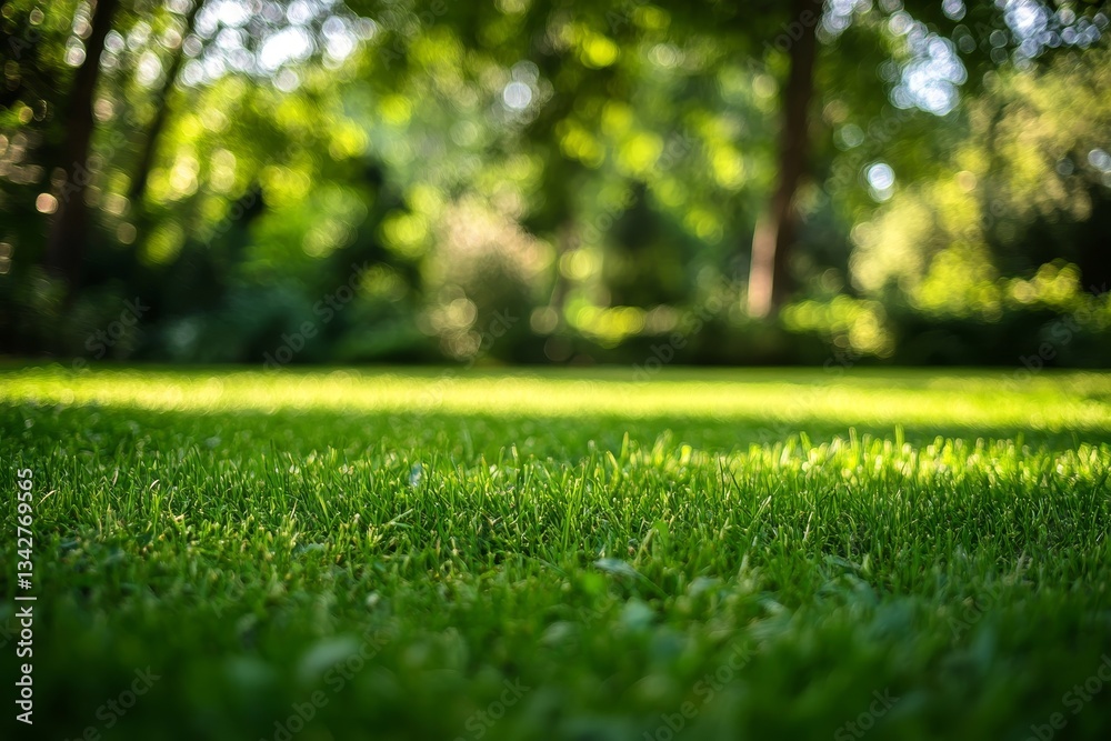 Lush green grass in park, sunny day, blurry trees Lush green grass in park, sunny day, blurry trees