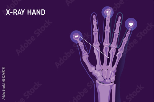 Generate a detailed X-ray image of a human hand overlaid with holographic medical data, showcasing bones, tendons, and 3D anatomical projections.