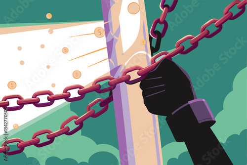 A lone protester chains a large AI server rack to a city lamppost during a demonstration against unchecked AI development.