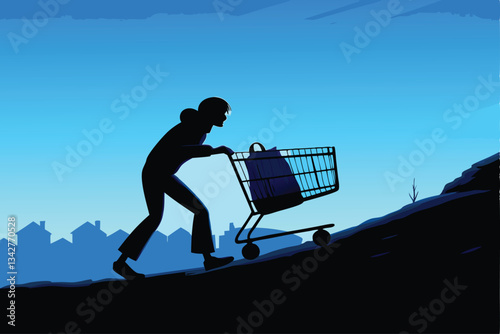 A person struggles pushing a heavily laden shopping cart uphill, symbolizing life's challenges and perseverance.