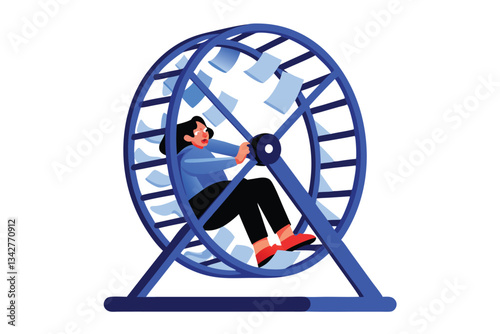 A person frantically running inside a giant hamster wheel overflowing with blue balloons, symbolizing the futility of endless work.