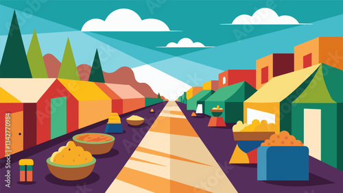 Rows of colorful tents line the streets selling artisanal cheeses olives and freshly baked pan amasado Chilean bread.. Vector illustration