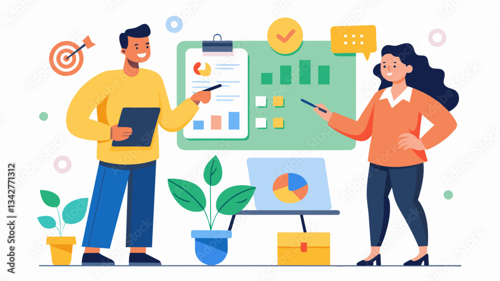 A life coach and their client working together to create a vision board visually representing the clients goals and aspirations.. Vector illustration A life coach and their client working together to create a vision board visually representing the clients goals and aspirations.. Vector illustration