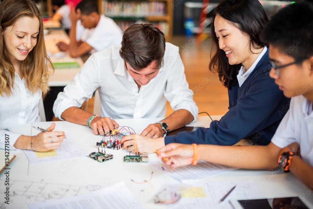Group of students working on electronics project. Diverse group of young men and women focused on circuit boards and teamwork in a classroom setting. Diverse students in library, education concept.