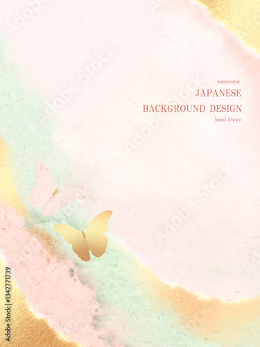 「金箔と和紙をあしらった水彩の蝶の和風背景」ベクター、イラスト
