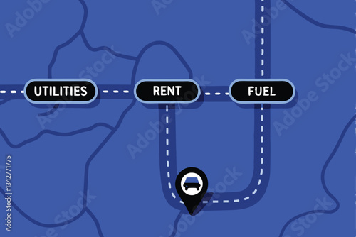 Detailed roadmap illustration highlighting toll locations, clearly labeled 'Utilities' and 'Ren'.  Show varied road types and geographical features.