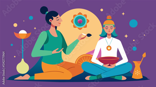 A person participates in a sound healing session as a practitioner plays various instruments to vibrate and balance their chakras.. Vector illustration