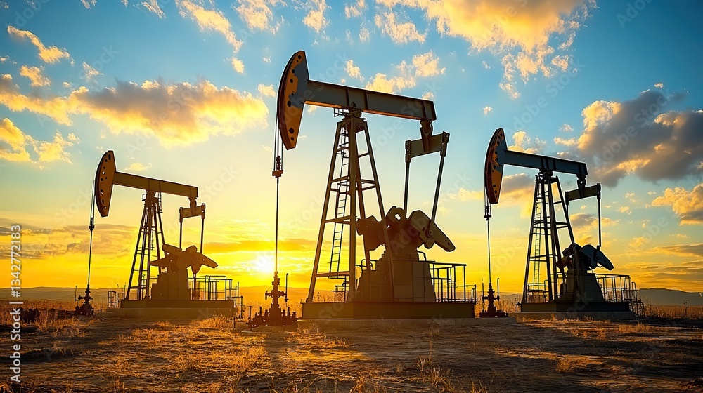 Naklejka premium An oil pump jack extracts oil at sunset, symbolizing fossil fuel extraction for global use