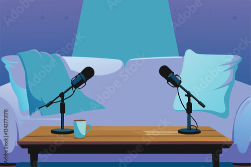 Cozy home podcast recording studio featuring a comfortable couch, high-quality microphone, and ambient lighting. Ideal for intimate audio production.