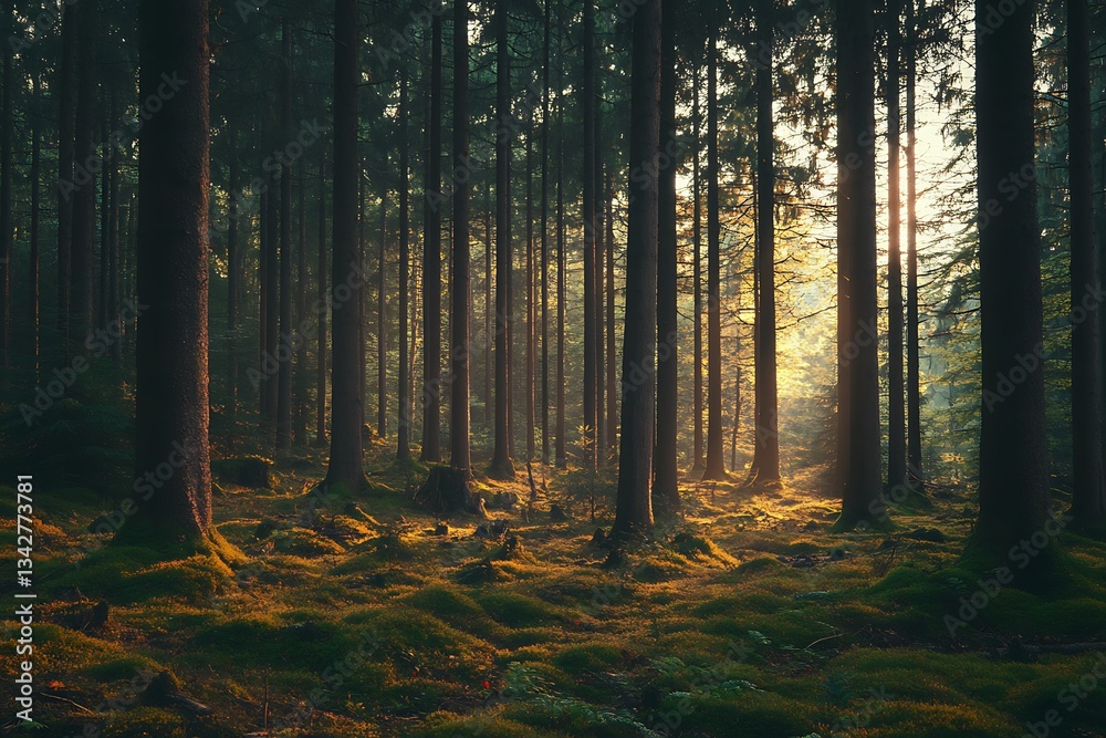 Fototapeta premium Sunlight filters through trees, creating ethereal forest scene for nature background