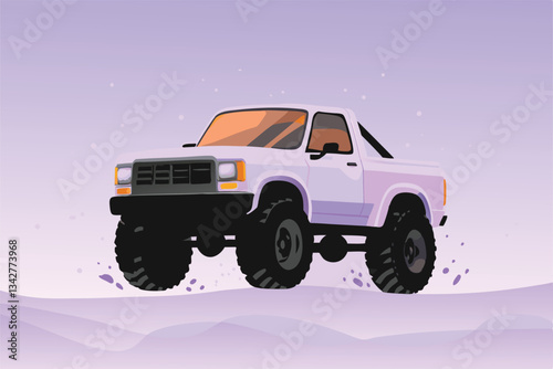 A powerful 4x4 off-road truck conquers a muddy, challenging terrain, splashing through deep puddles.  Dynamic action shot.
