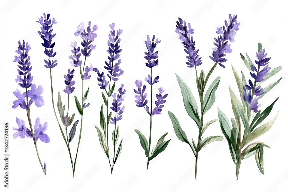 Fototapeta premium Set of watercolor elegant lavender sprigs hand drawn on white background