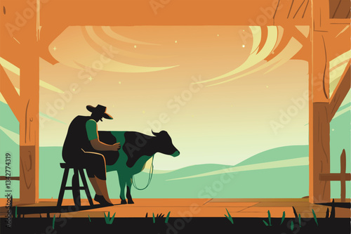 Create a rustic vector illustration of a farmer manually milking a brown cow in a barn, emphasizing hand-milking techniques.
