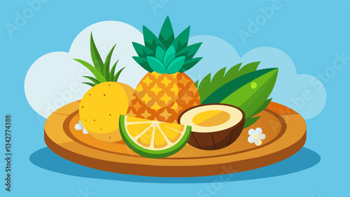 A tropical paradise on a plate with a medley of pineapple mango and coconut arranged on a bamboo board.. Vector illustration
