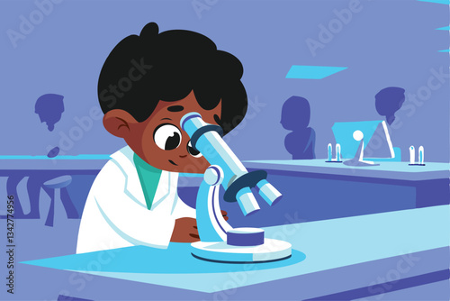 A curious schoolboy intensely observes a specimen through a vintage microscope during a science class, showcasing his fascination with scientific exploration.