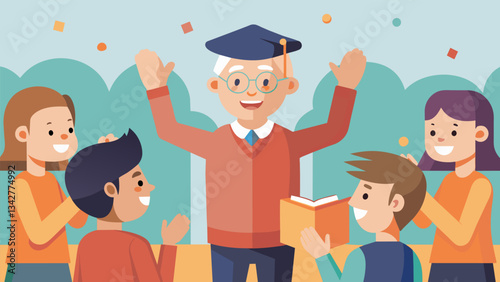 A baby boomer student receives a round of applause from classmates as they give a presentation about their research on the impact of their generation on society.. Vector illustration