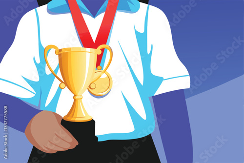 A joyful schoolchild, beaming, proudly holds a gleaming sports trophy aloft after a successful school sports day event.