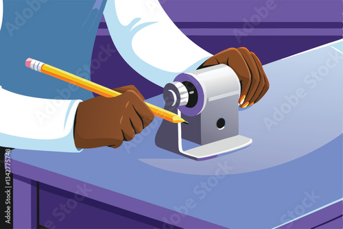 A close-up shot of a schoolchild's hands carefully sharpening a pencil using a manual sharpener, sawdust visible.