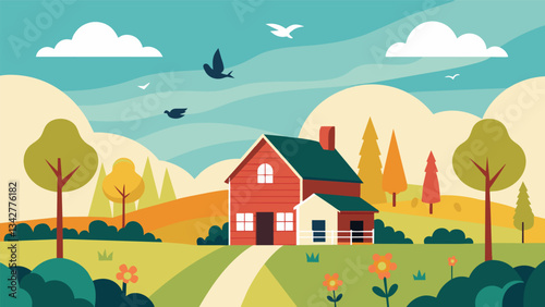 A charming farmhouse retreat where the only distractions are the fluttering birds and the occasional cows moo.. Vector illustration