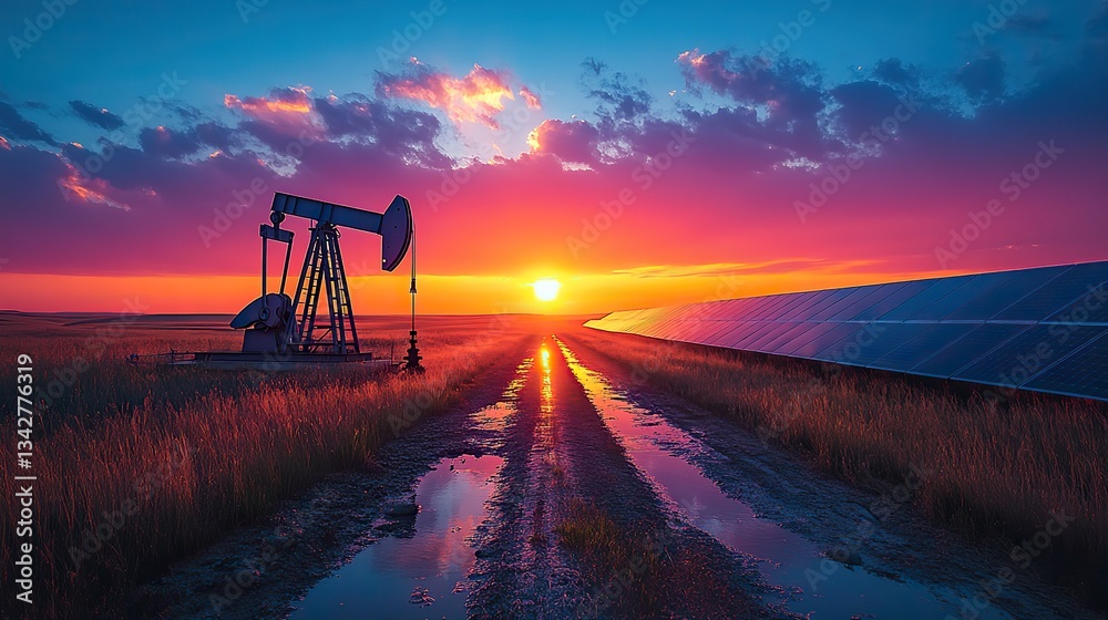 At sunset, a nodding donkey oil pump extracts crude oil, reflecting on expansive solar panels, illustrating the shift from fossil fuels to renewable energy At sunset, a nodding donkey oil pump extracts crude oil, reflecting on expansive solar panels, illustrating the shift from fossil fuels to renewable energy