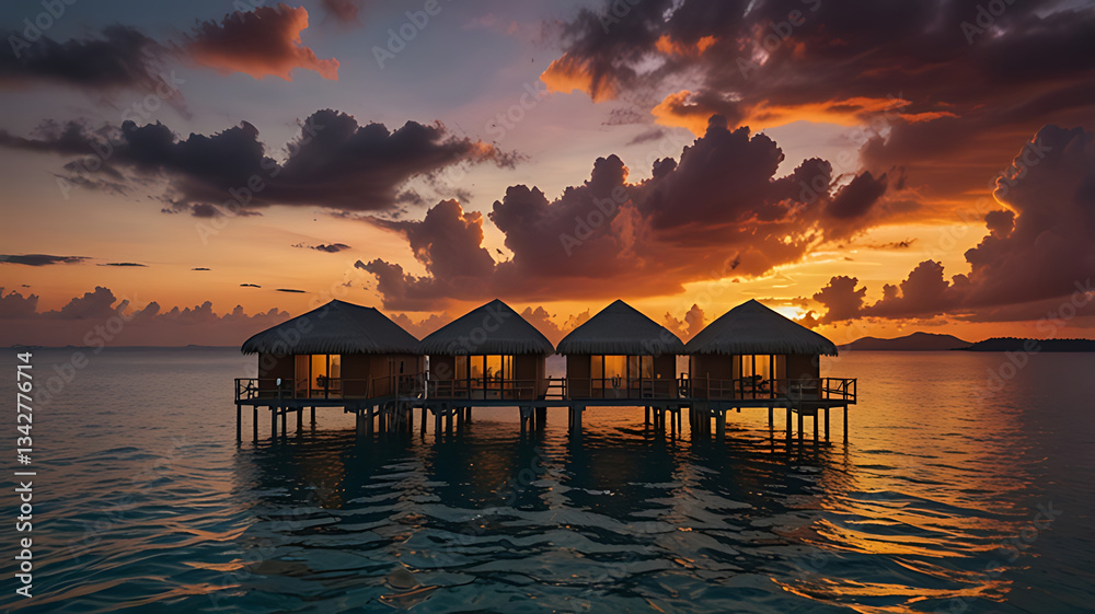 Overwater Bungalows at Sunset, Tranquil Sunset Overwater Bungalows with Vibrant Sky
Overwater Bungalows at Sunset, Tranquil Sunset Overwater Bungalows with Vibrant Sky