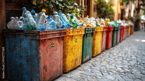 Colorful bins full of plastic bottles stand on a street, promoting awareness