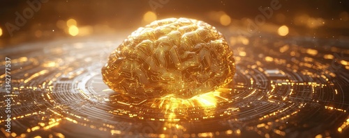 Artificial intelligence computing and brain network concept. Golden brain concept representing advanced technology and intelligence.