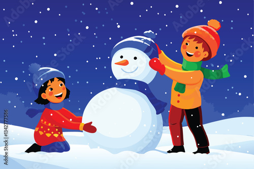 -cartoon-children-building-a-snowman-while-wearing.eps