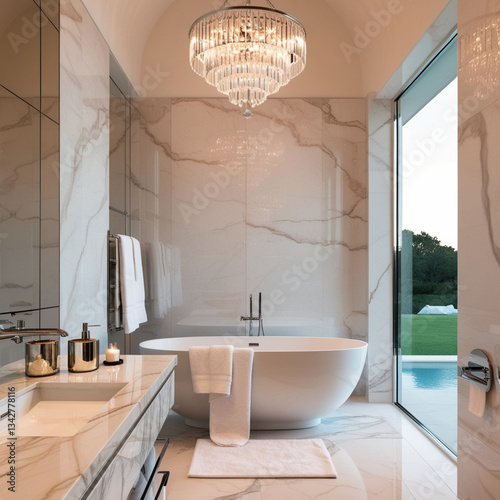 Stylish bathroom interior design with marble panels. Bathtub, towels and other personal bathroom accessories. Modern glamour interior concept. Roof window
