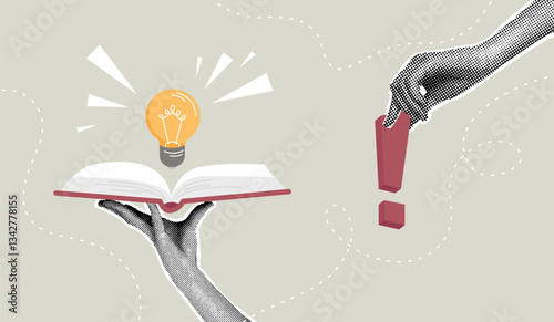 Trendy halftone collage. Incendiary ideas. Concept of gaining new knowledge, reading a book for inspiration, knowledge, brazovanie, study. 