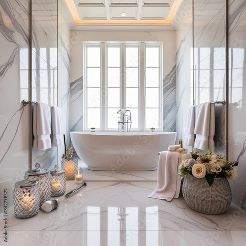 Stylish bathroom interior design with marble panels. Bathtub, towels and other personal bathroom accessories. Modern glamour interior concept. Roof window
